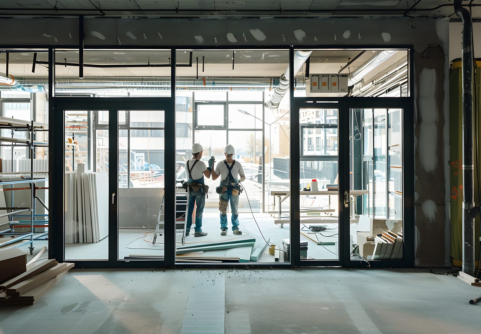 Commercial drywall and framing crew at work